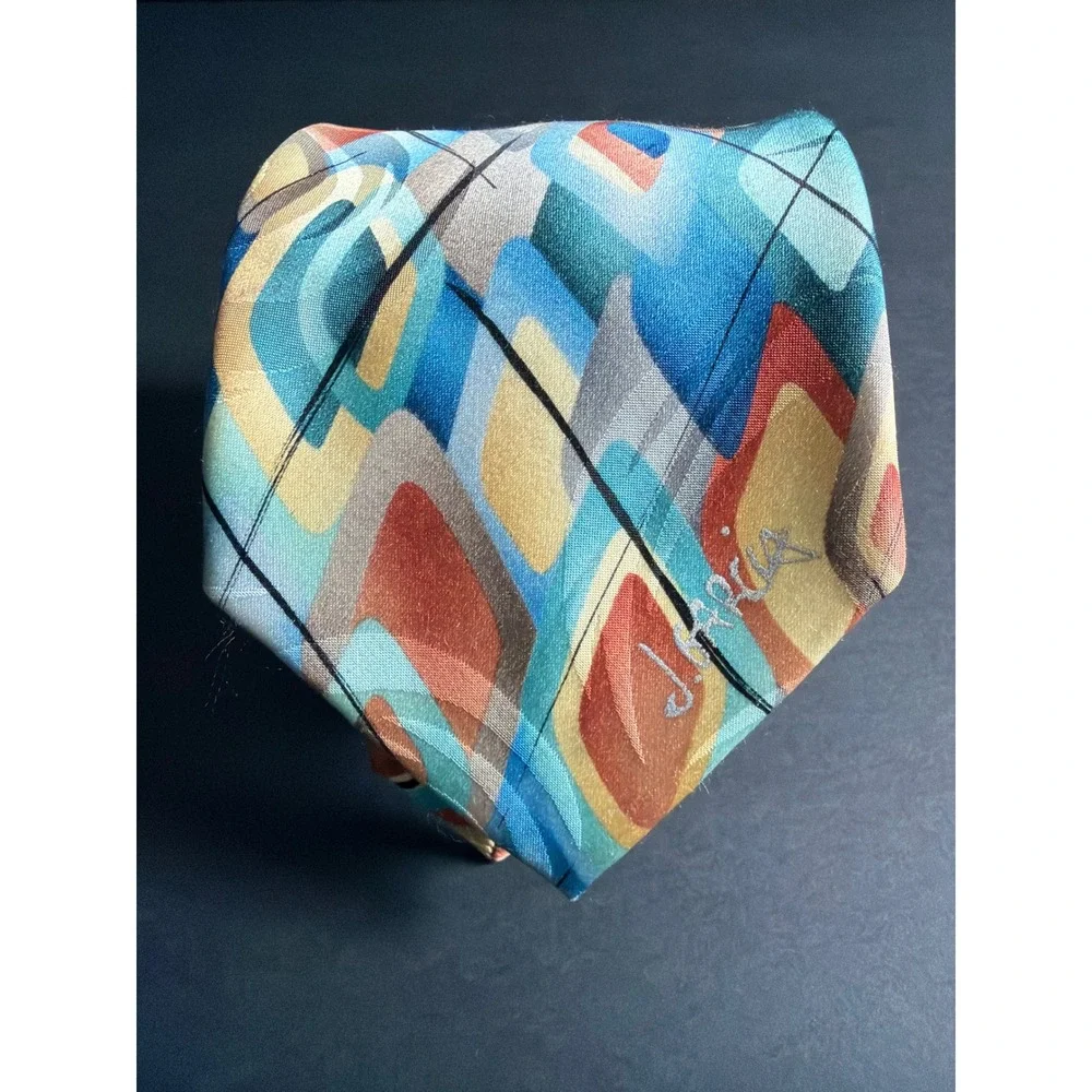 J Garcia Carousel Silk‎ Tie Mens Blue Orange Geometric Abstract Art 62 Inch Long